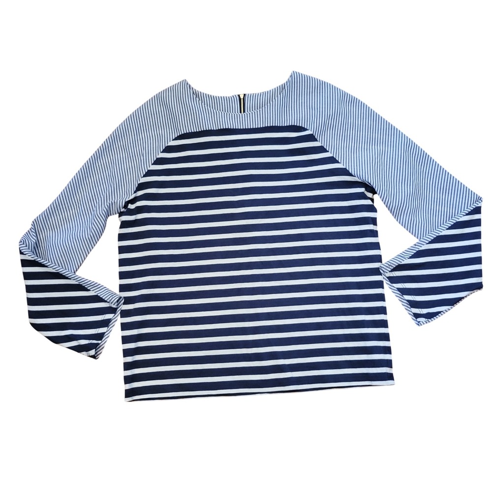 Vineyard Vines M Blouse Blue Stripe Mixed Media Raglan Zip Back Top Preppy